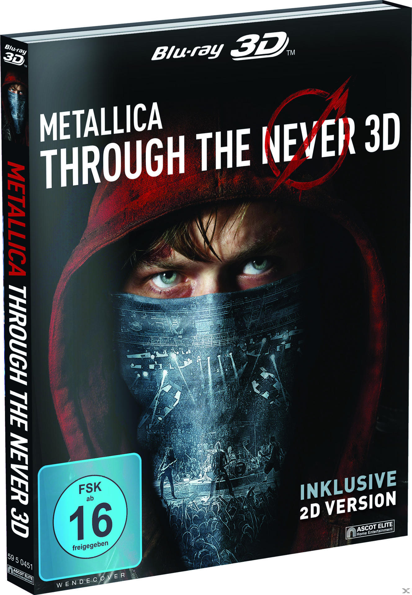 DVD-Hülle: Metallica Through the Never 3D. Eine Person mit Kapuzenpullover und Gesichtsbedeckung. Der Titel ist rot.