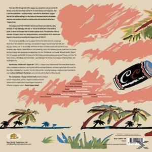 Albumcover-Kunst mit Cartoon einer Limonadendose, die über eine Strandszene mit Palmen fliegt.