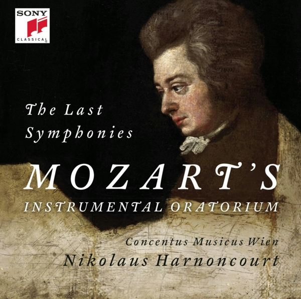 Albumcover für Mozarts 'The Last Symphonies' mit einer Büste von Mozart und Text.