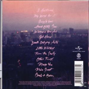 Rückseite eines Albums mit in Pink geschriebenen Songtiteln. Im Hintergrund eine verschwommene Stadtlandschaft.