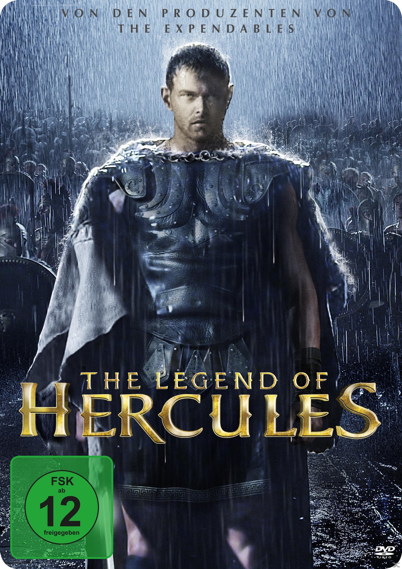 Filmposter mit einem Mann in Rüstung und dem Titel 'The Legend of Hercules'. Hintergrund von Soldaten und Regen.