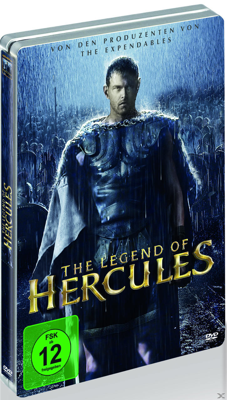 DVD-Cover für 'The Legend of Hercules'. Mann in Rüstung steht im Regen, Hintergrund von Soldaten und Regen.