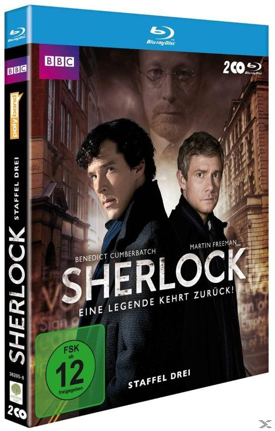 DVD-Cover mit Schauspielern, Text: Sherlock, Eine Legende kehrt zurück!, und BBC-Logo.