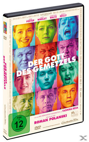 DVD-Cover mit Gesichtern von Schauspielern in einem Raster, Titel ist "DER GOTT DES GEMETZELS".