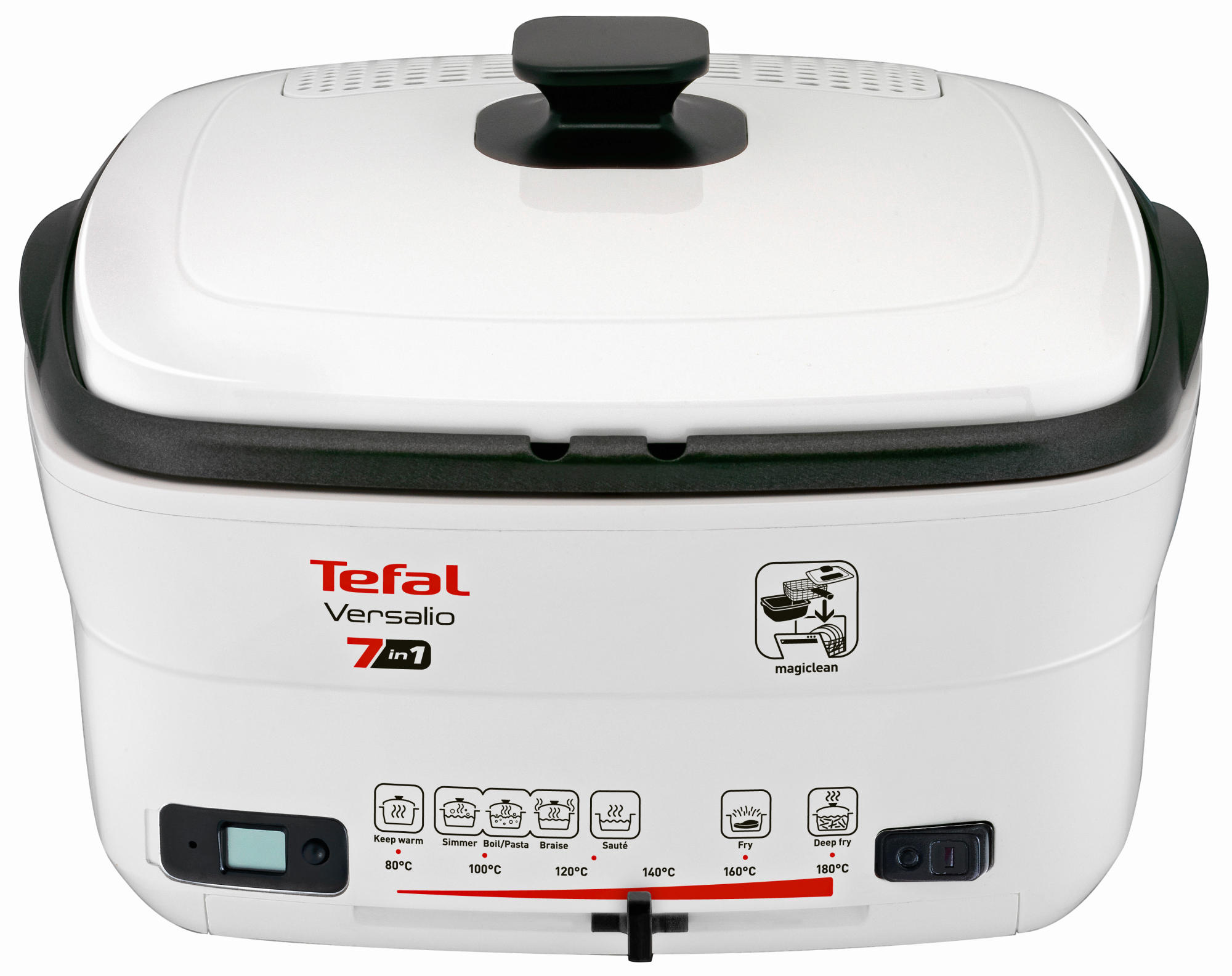 Fehér-fekete Tefal Versalio 7 az 1-ben többcélú főzőedény. Az előlapon láthatók a főzési funkciók és a hőmérséklet-beállítások.