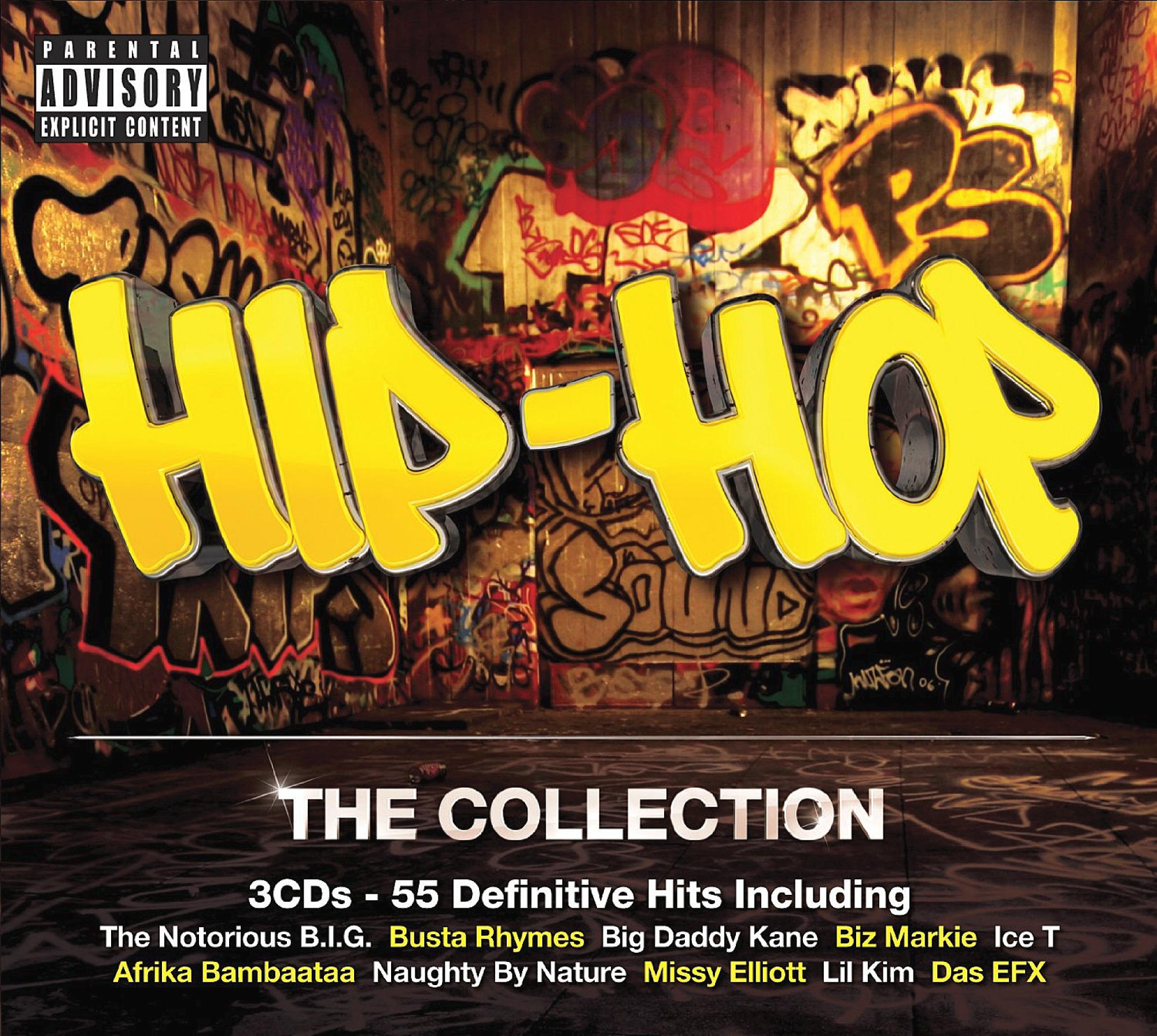 Album borító: "HIP-HOP" sárga betűkkel a graffitik felett, szülői figyelmeztetéssel.