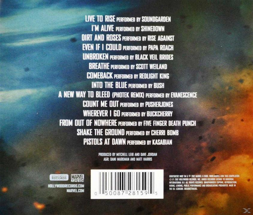 Dos de la pochette, liste des chansons et crédits. Inclut 'Live to Rise' et d'autres titres de chansons et artistes.