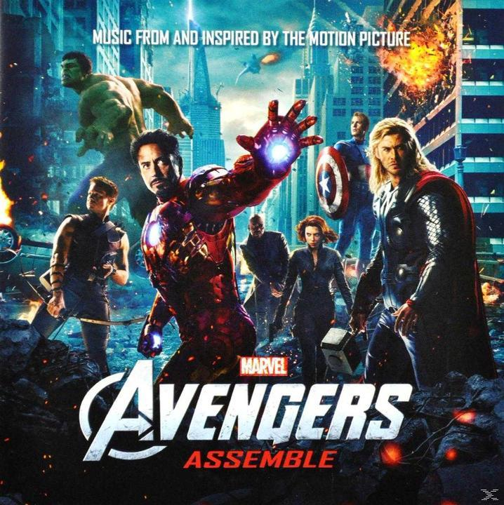 Pochette de l'album Avengers Assemble avec divers héros Marvel.