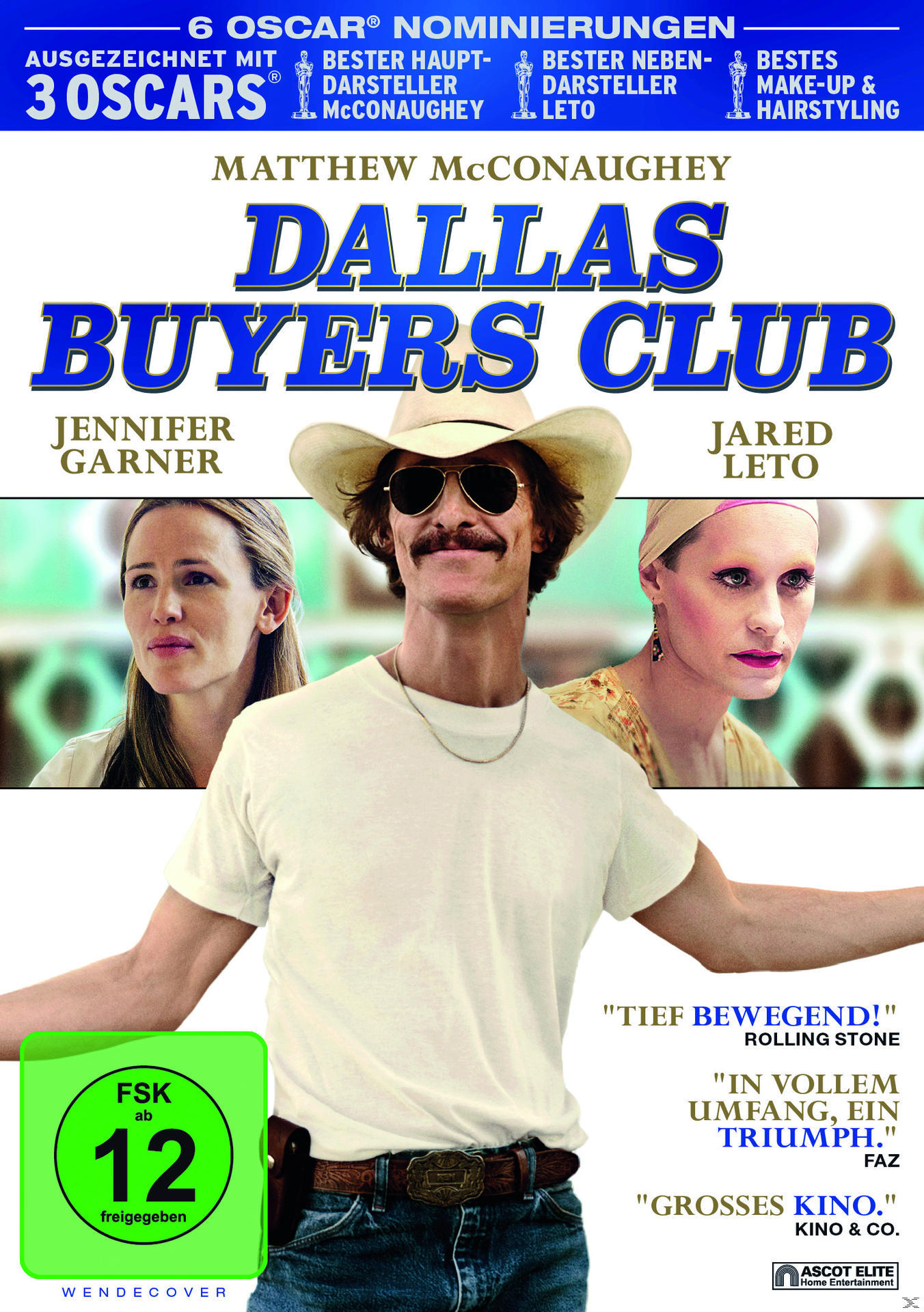 DVD-Cover: Matthew McConaughey, Jennifer Garner, Jared Leto. Titel: Dallas Buyers Club.