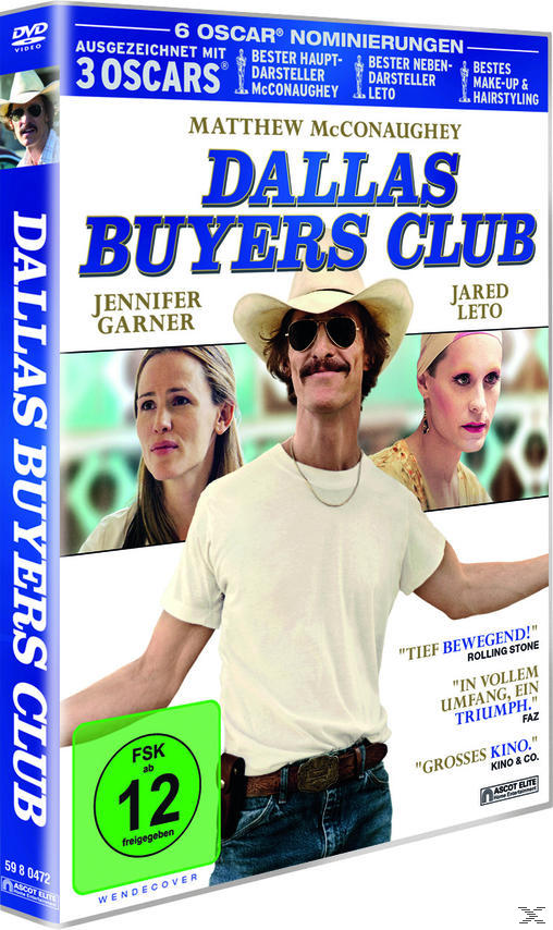 DVD-Cover. Matthew McConaughey und zwei Frauen sind auf dem Cover zu sehen. Der Titel lautet Dallas Buyers Club.