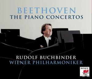 Albumcover für Beethovens Klavierkonzerte. Zeigt einen Mann am Klavier mit Text, der das Werk kennzeichnet.