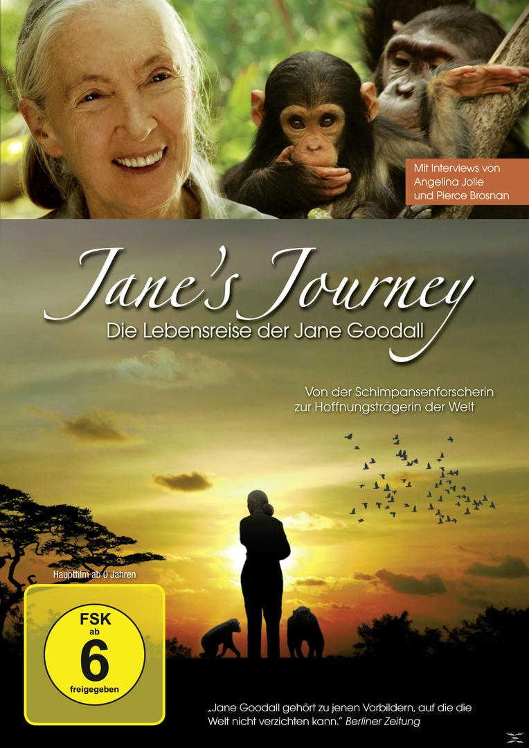 DVD-Cover mit Jane Goodalls Bild und Schimpansen. Sonnenuntergangs-Szenerie.