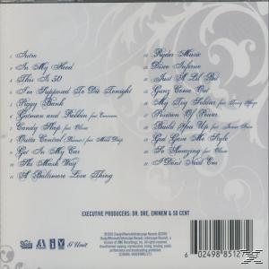 De achterkant van een cd-album met een lijst met songtitels in blauwe tekst op een witte achtergrond.