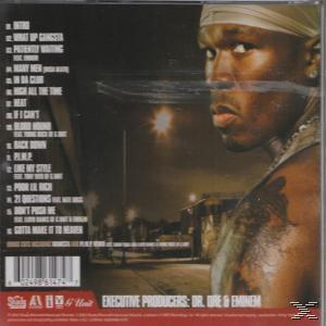 CD hátulja, egy férfi arcával, a dalok címeivel és az „50 Cent” szavakkal.