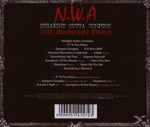 Rückseite der N.W.A. 'Straight Outta Compton' CD. Schwarzer Hintergrund, weißer und roter Text.
