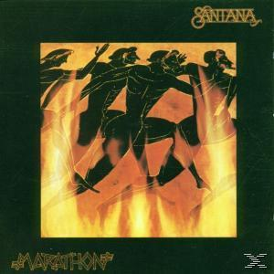 Santana-Albumcover, Marathon. Silhouetten in Bewegung vor orangefarbenem und grünem Hintergrund.