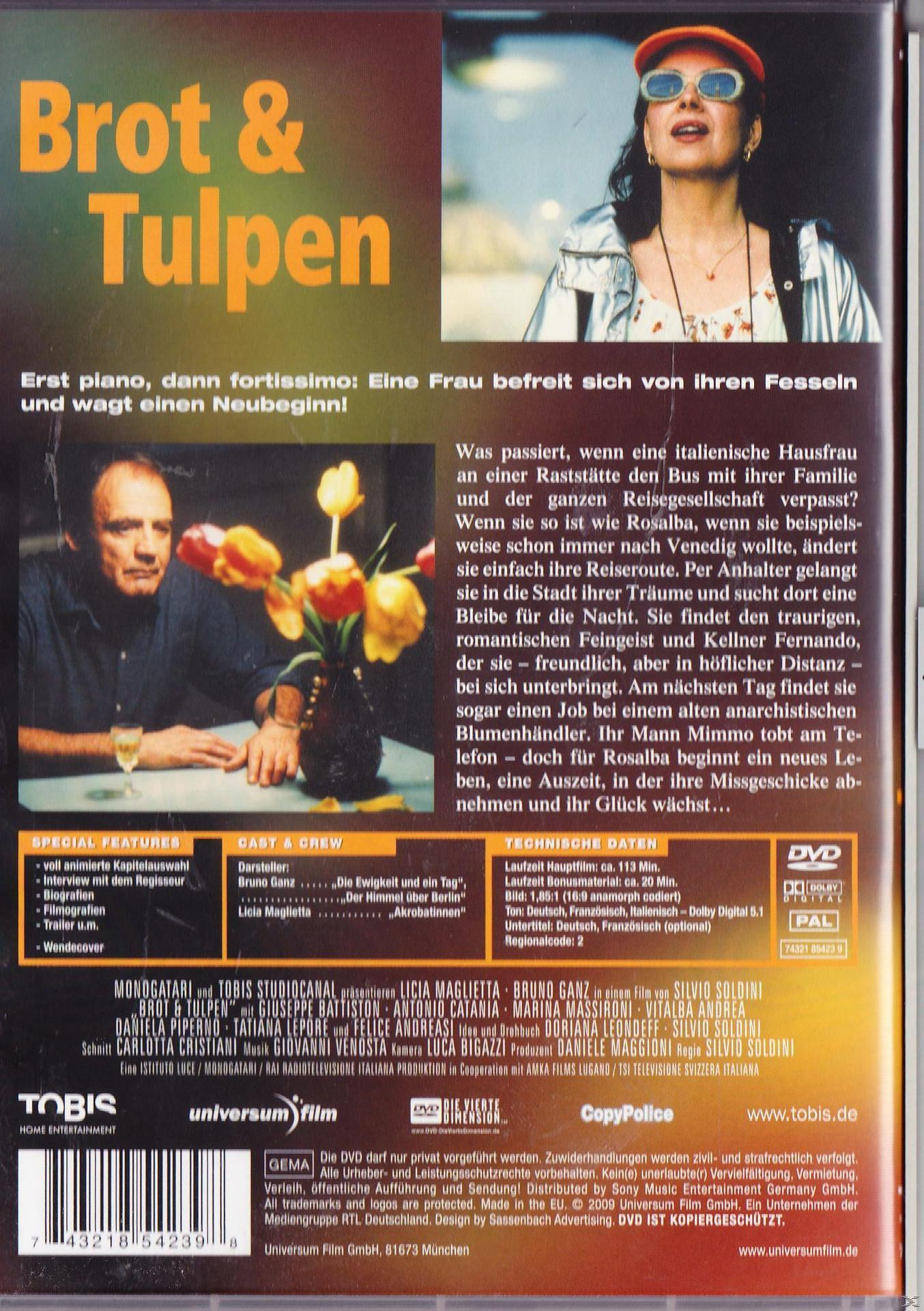 DVD-Cover: 'Brot & Tulpen.' Frau mit Sonnenbrille, Mann im Anzug, Tulpen in einer Vase. Italienischer Text.