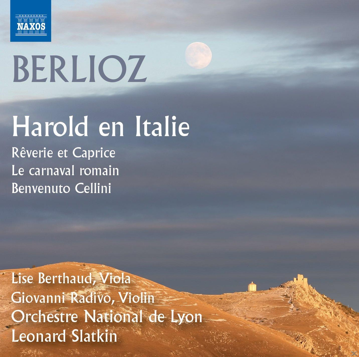 Albumcover für Berlioz's Harold en Italie. Ein Vollmond über einer Landschaft mit Text.