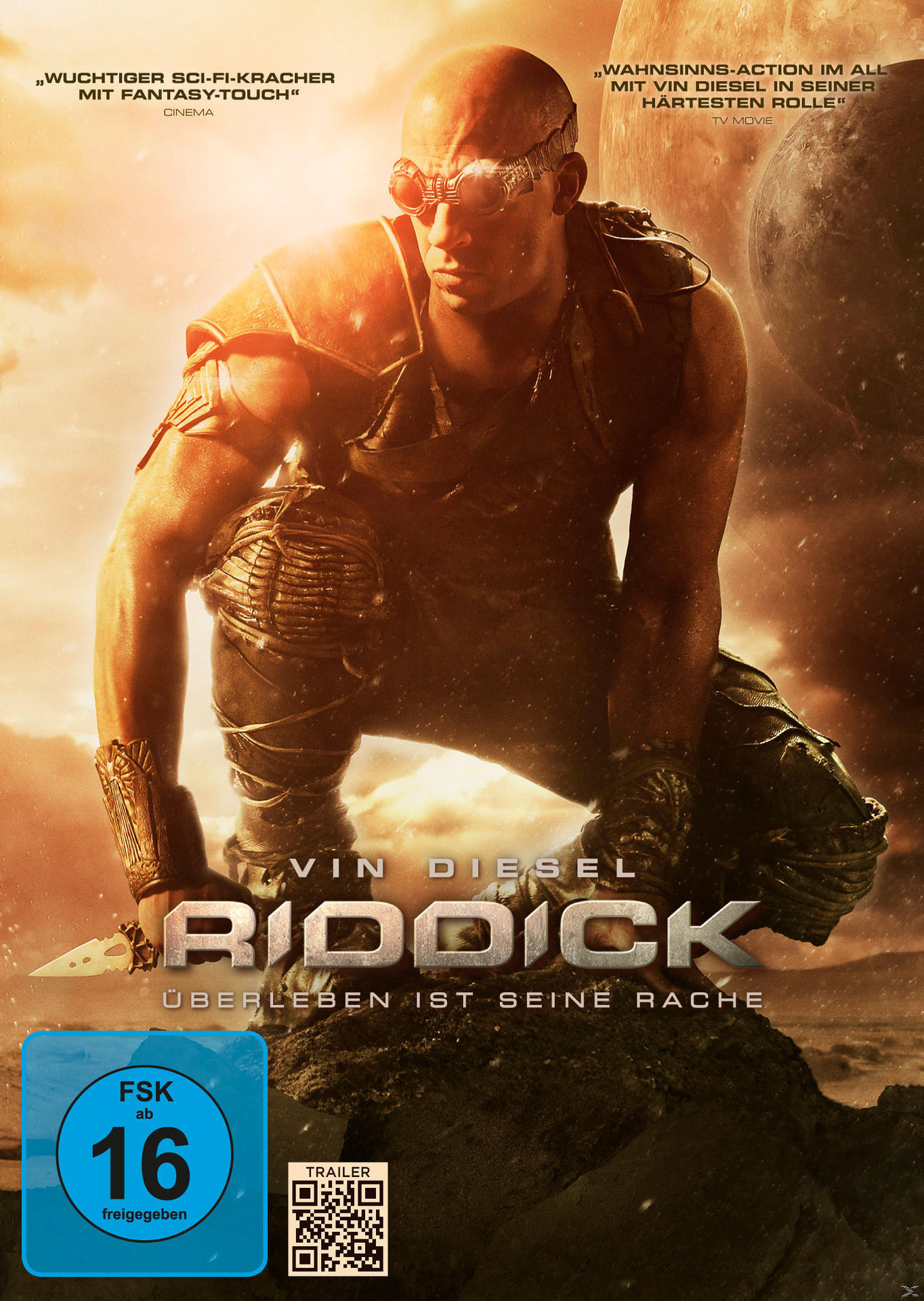 DVD-Cover: Vin Diesel. Text 'Riddick', ein Mann hält ein Messer.