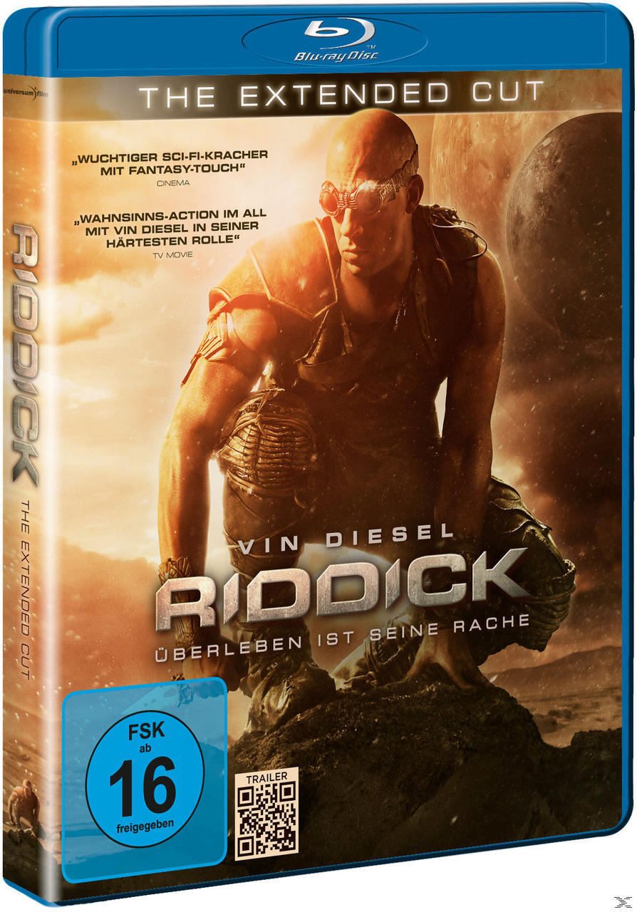 Riddick Blu-ray Cover mit Vin Diesel in Science-Fiction. Blaue Hülle.