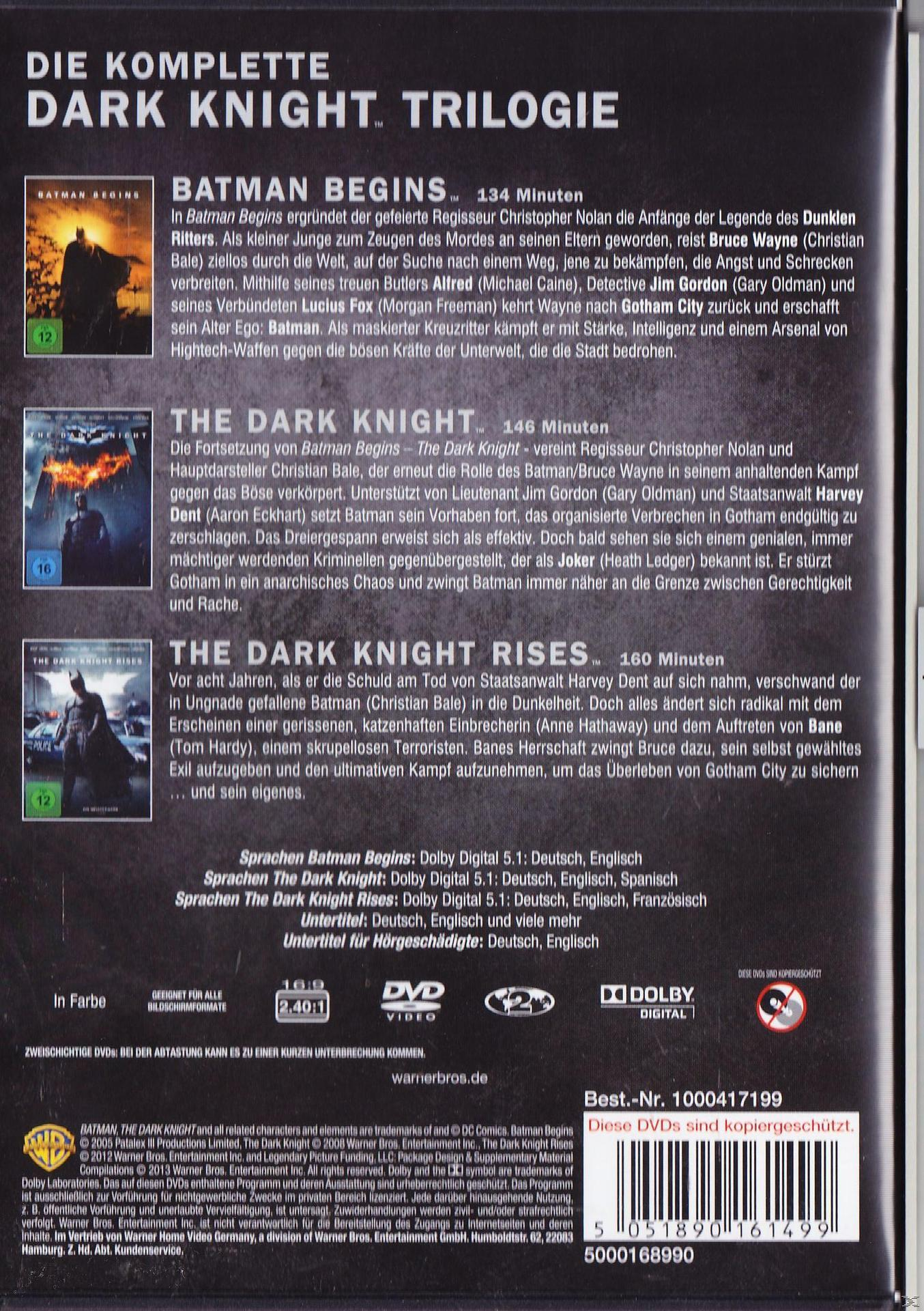 DVD-Cover der The Dark Knight Trilogie mit Bildern und Text.