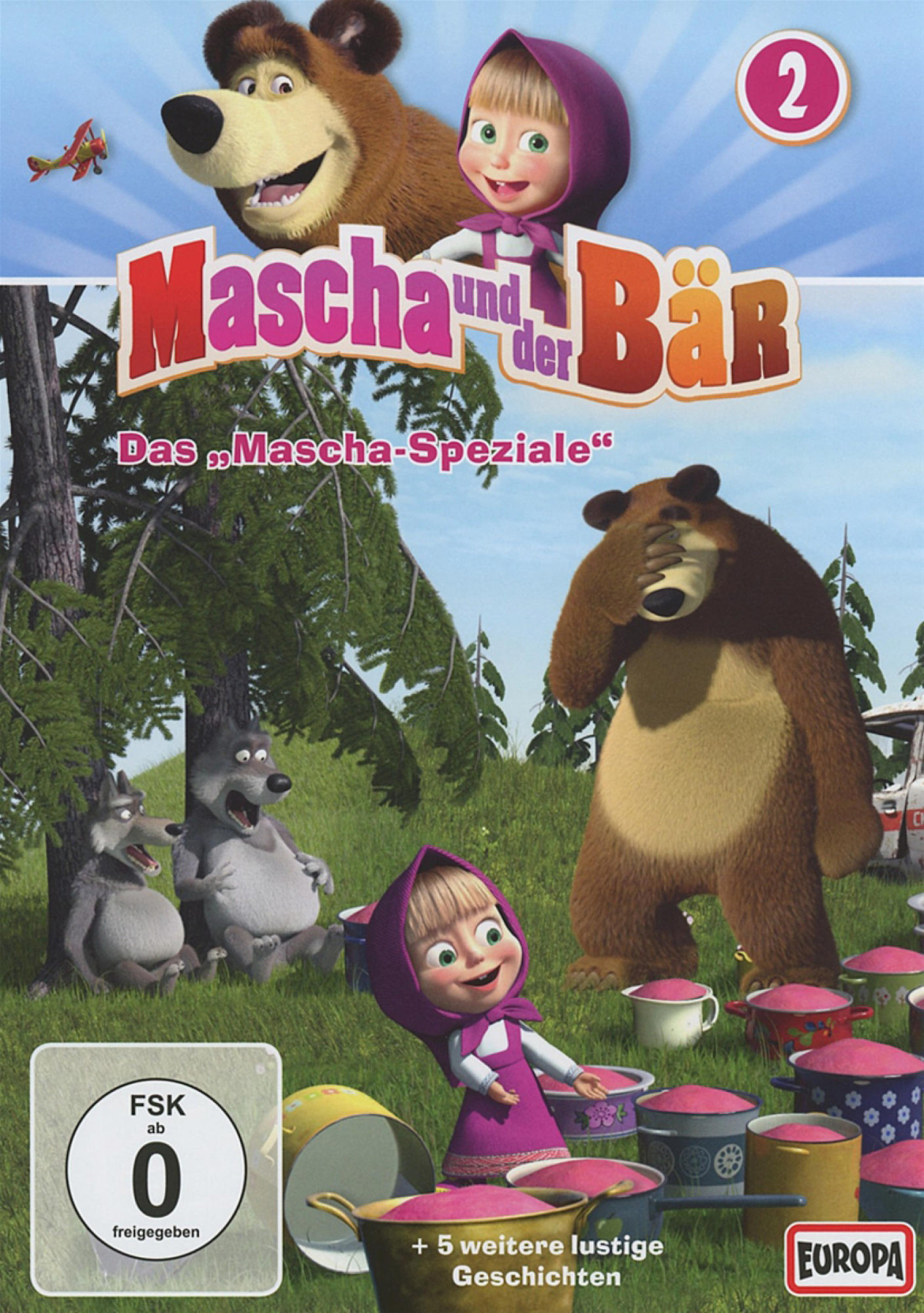 DVD-Cover für "Mascha und der Bär". Mit den Zeichentrickfiguren Mascha und Bär. Titel auf Deutsch.