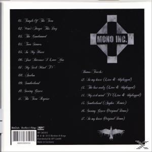 Mono Inc. Album-Rückseite: Titelliste, Kreuz-Logo und eine weiße Vogel-Illustration.