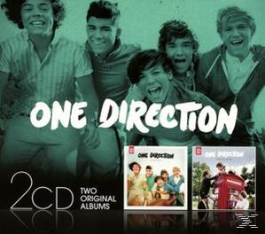 Albumcover mit den Worten 'ONE DIRECTION' und einer Gruppe von Jungen. Zwei CD-Hüllen unten.