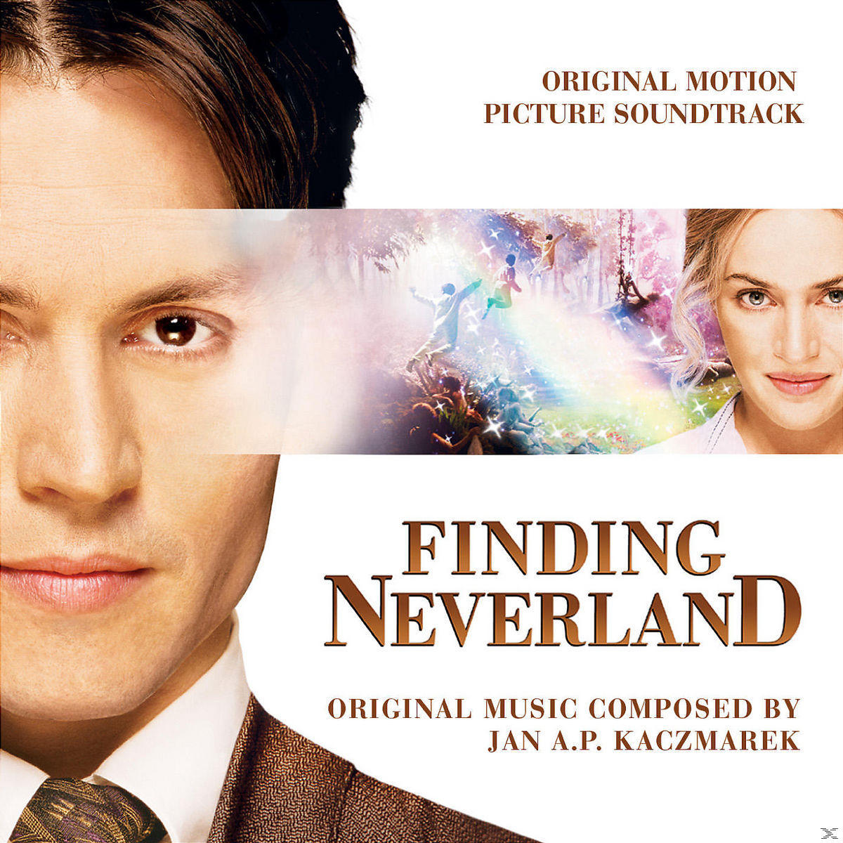 Filmmusik-Cover: Johnny Depp, Kate Winslet und Gesichter anderer Schauspieler. Titel: Finding Neverland.