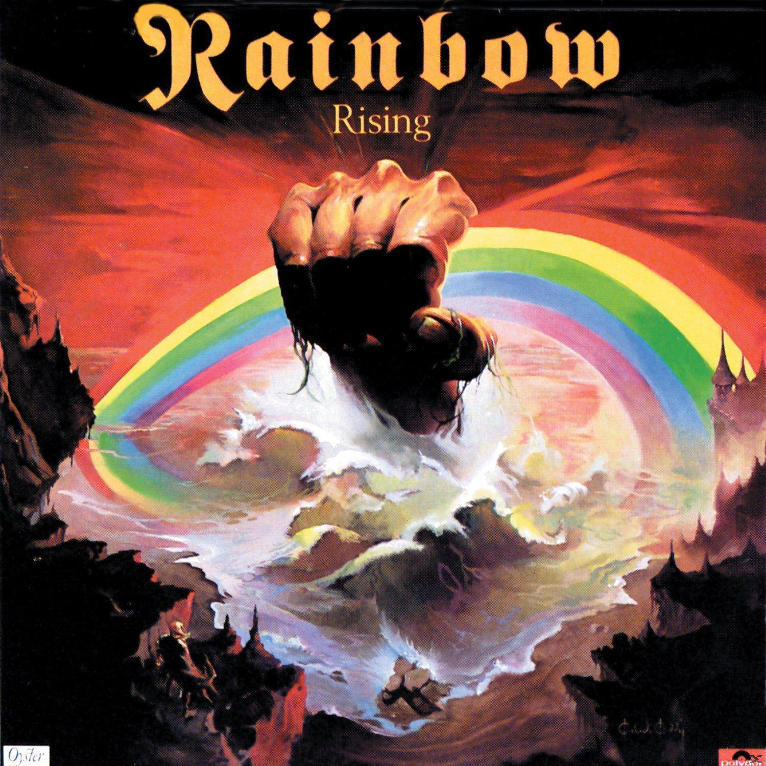 Albumcover. Faust durchbricht einen Regenbogen. Titel: Rainbow Rising.