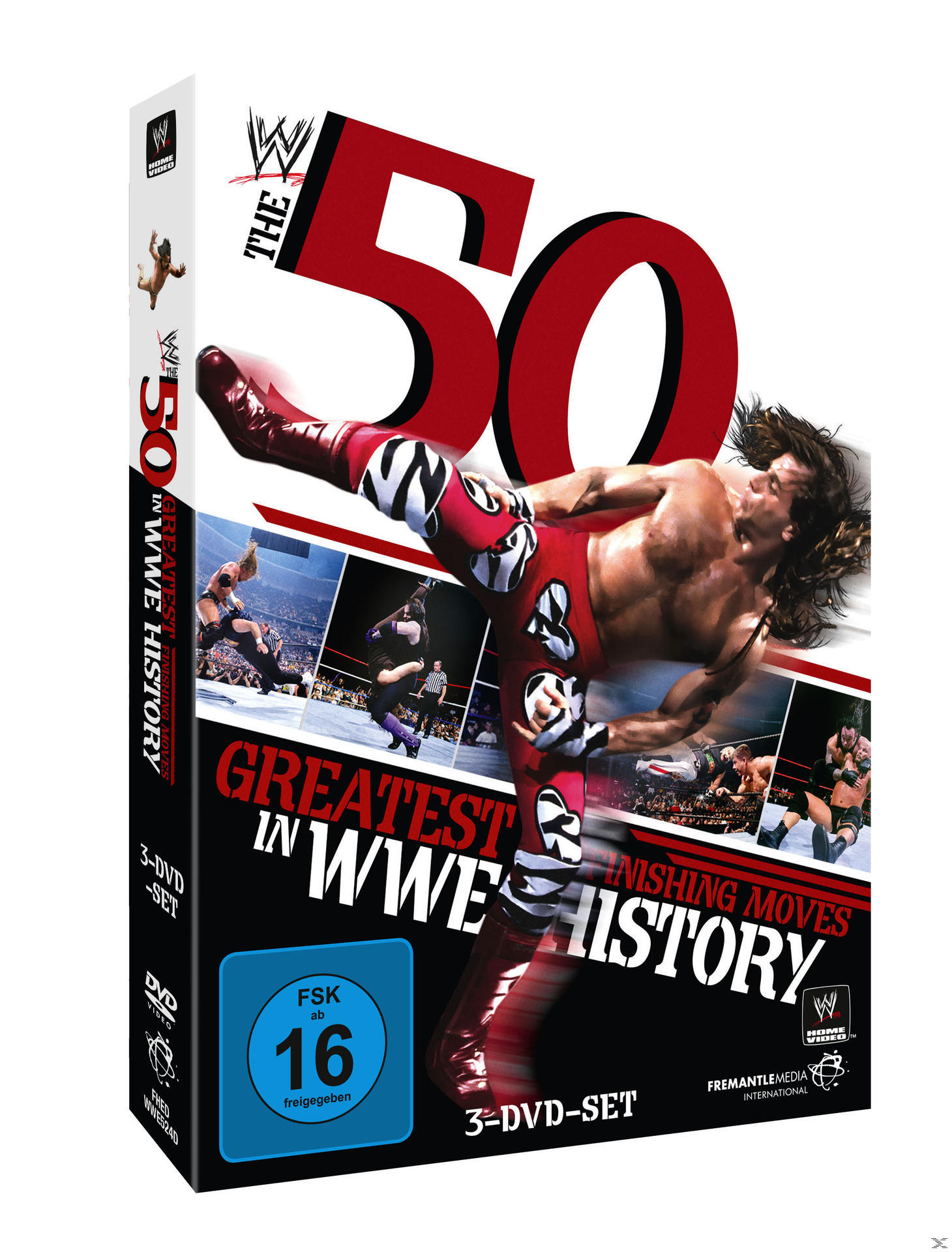WWE DVD-Box-Set. Ein Wrestler in Rot und Weiß tritt in die Luft. Andere ringen im Hintergrund.