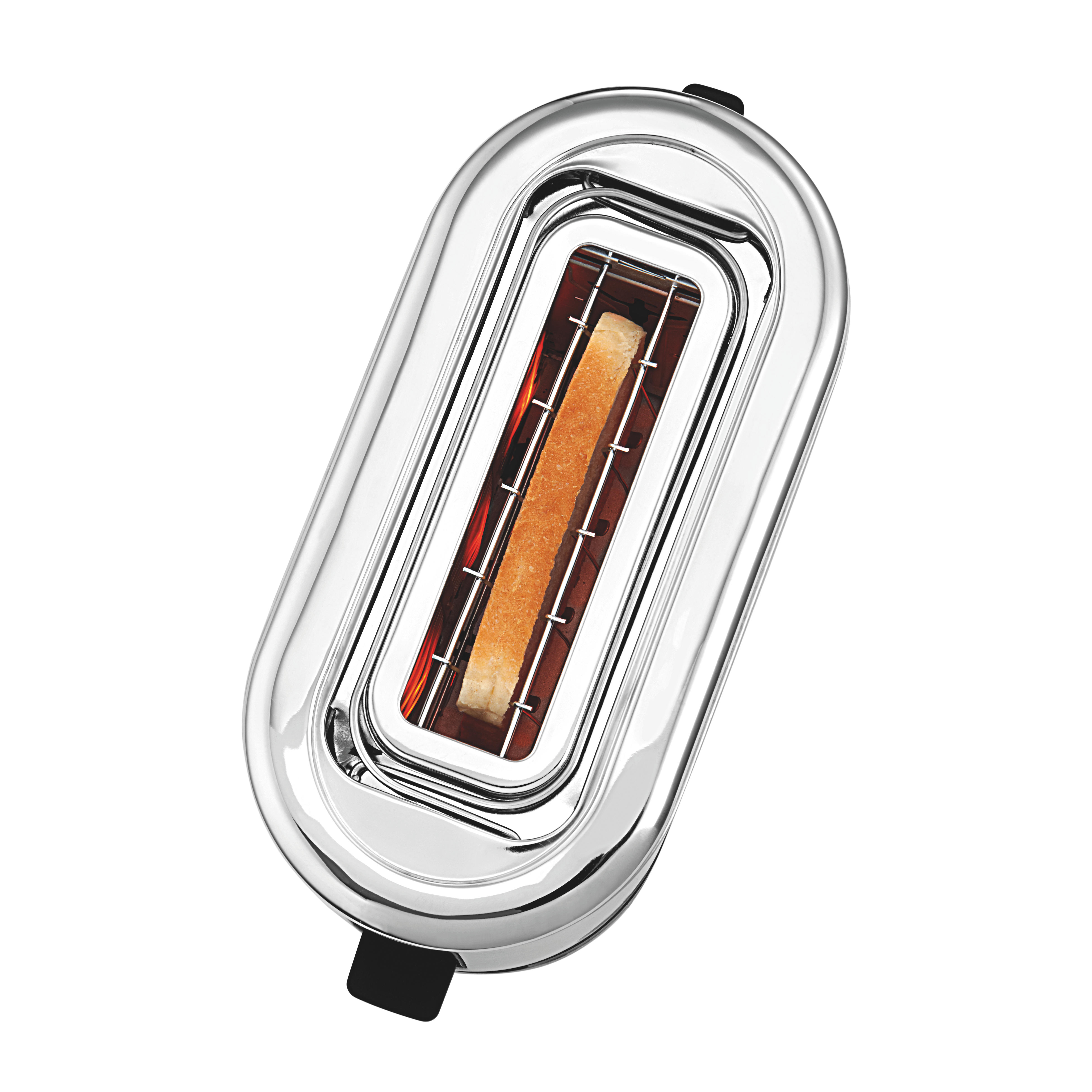 Ein einzelnes Toastbrot wird in einem glänzenden Toaster geröstet.