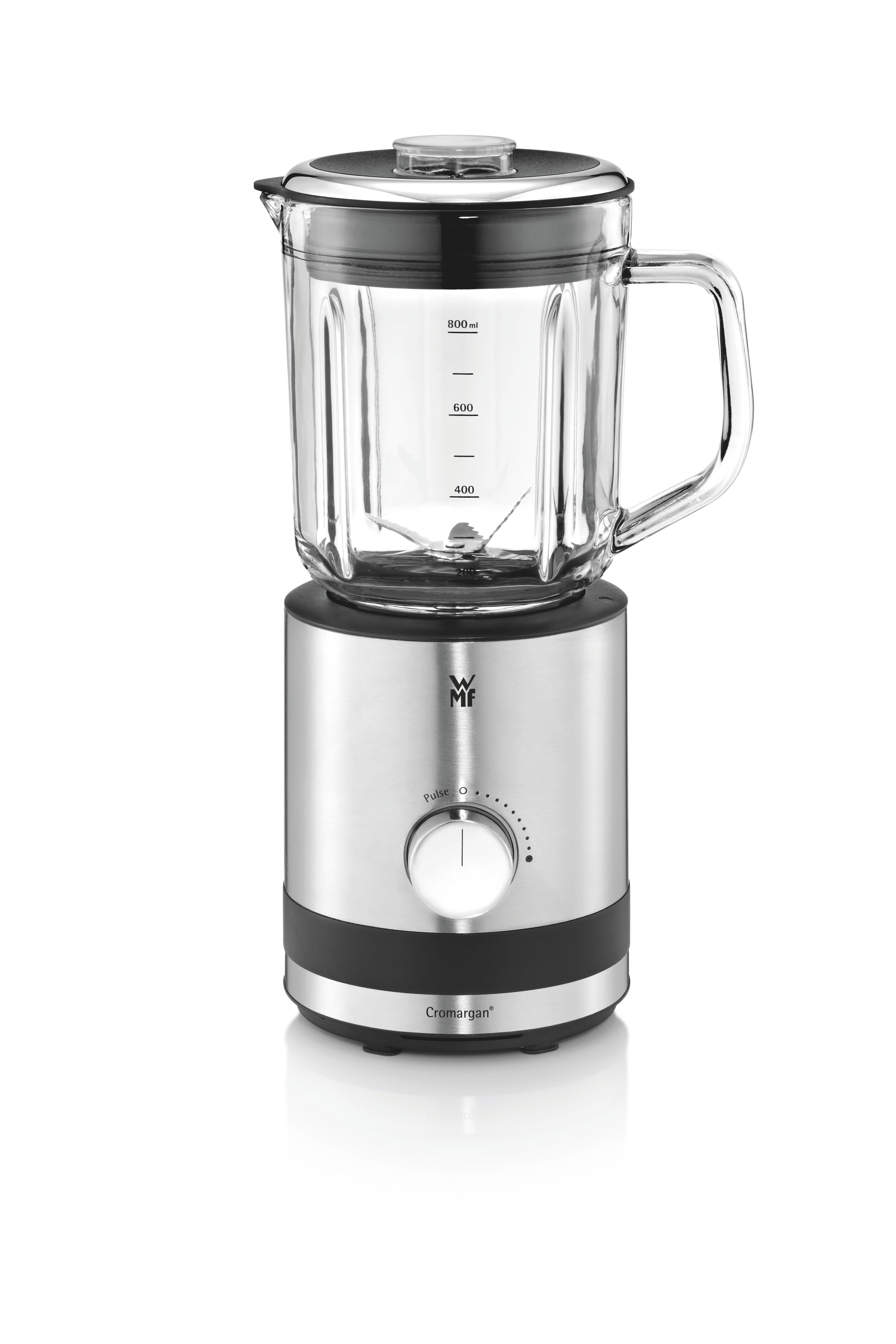 A silver and black blender with glass container. WMF logo is visible. White background.