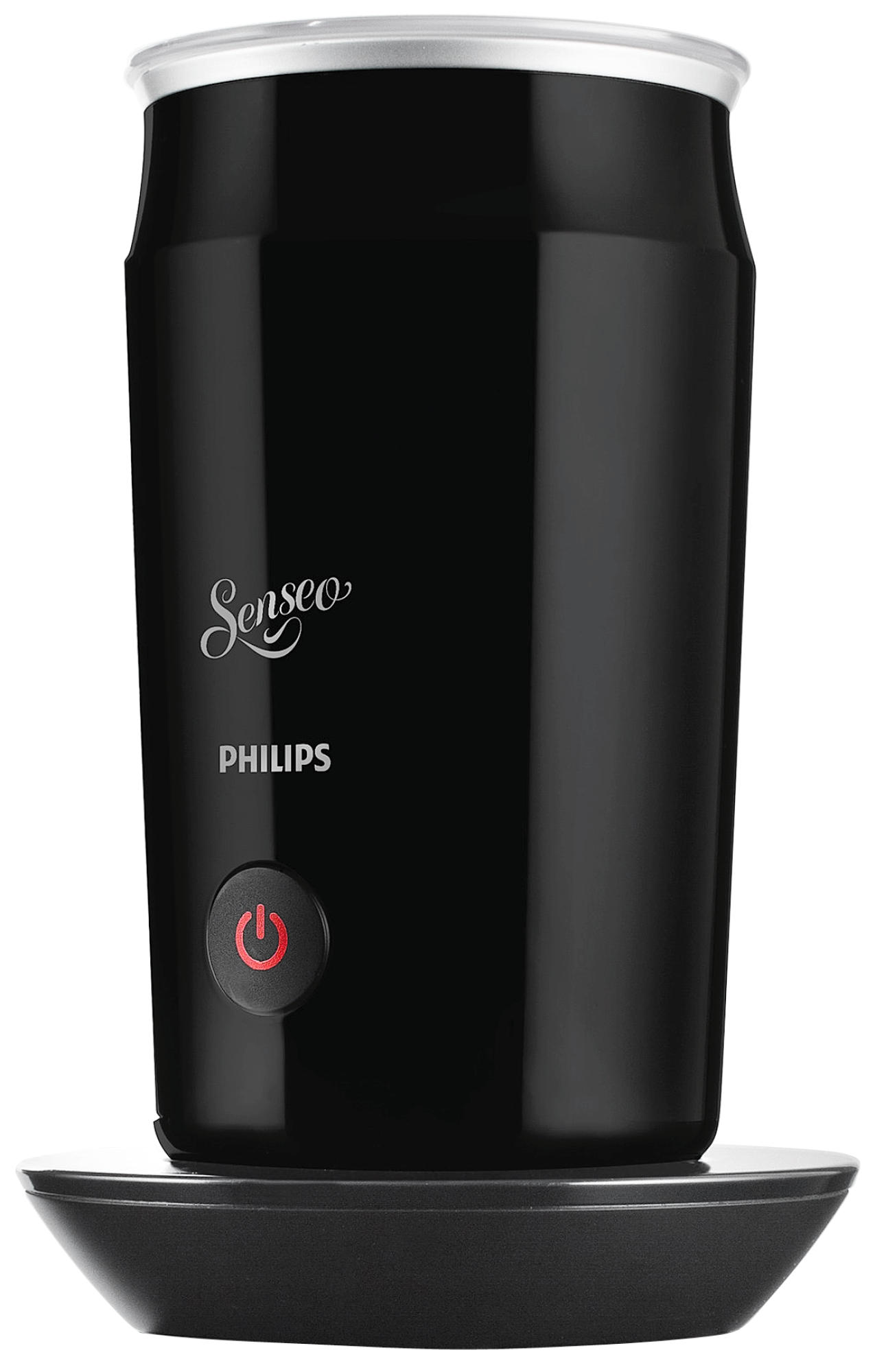 Zwarte Senseo Philips melkopschuimer op zwarte basis, met rode aan/uit-knop en logo.
