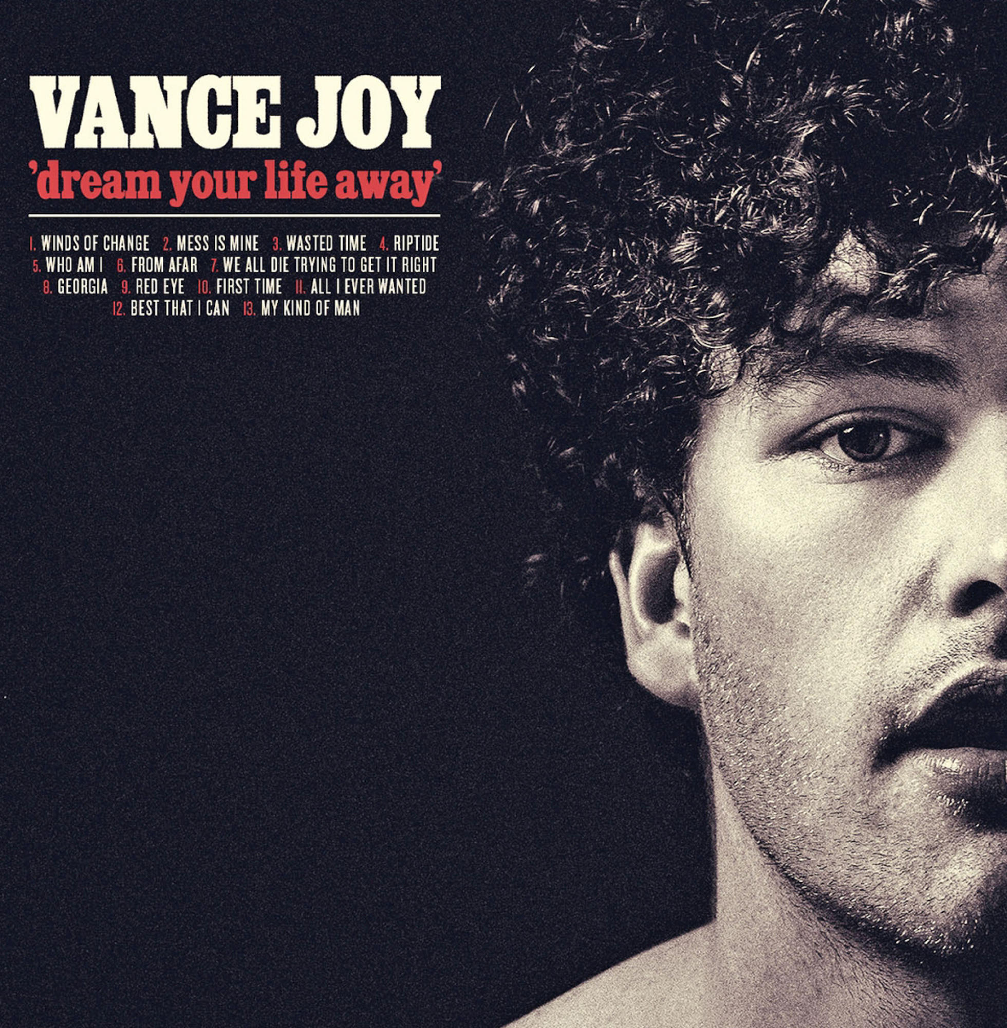 Albumcover mit Vance Joy, halbes Gesicht sichtbar, Tracklist auf der linken Seite.