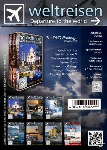Eine DVD-Box mit dem Titel 'Weltreisen' mit verschiedenen DVD-Covern und einem Flugzeugsymbol.