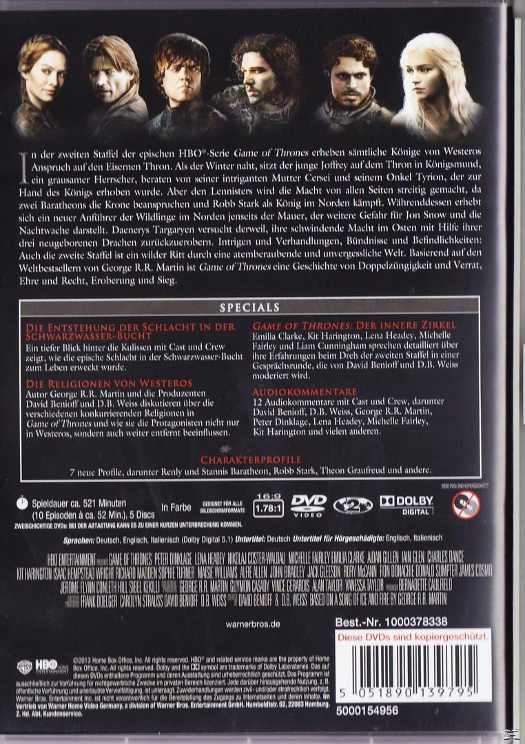DVD-Cover für 'Game of Thrones' mit Charakterporträts und Text, verschiedenen Logos und dunklem Hintergrund.