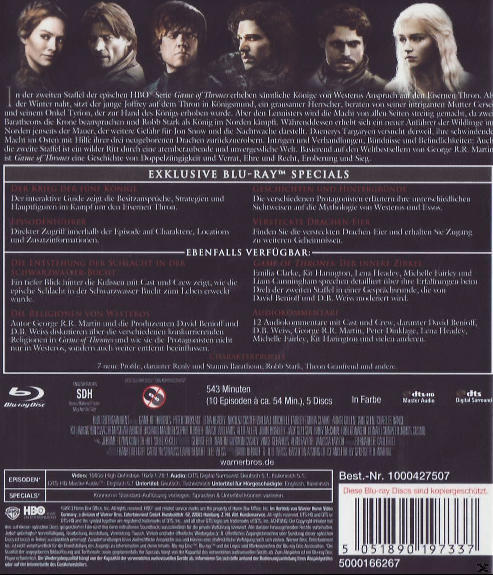 Blu-ray-Rückseite. Text, Castfotos. Game of Thrones. Weißer Text. Schwarzer Hintergrund.