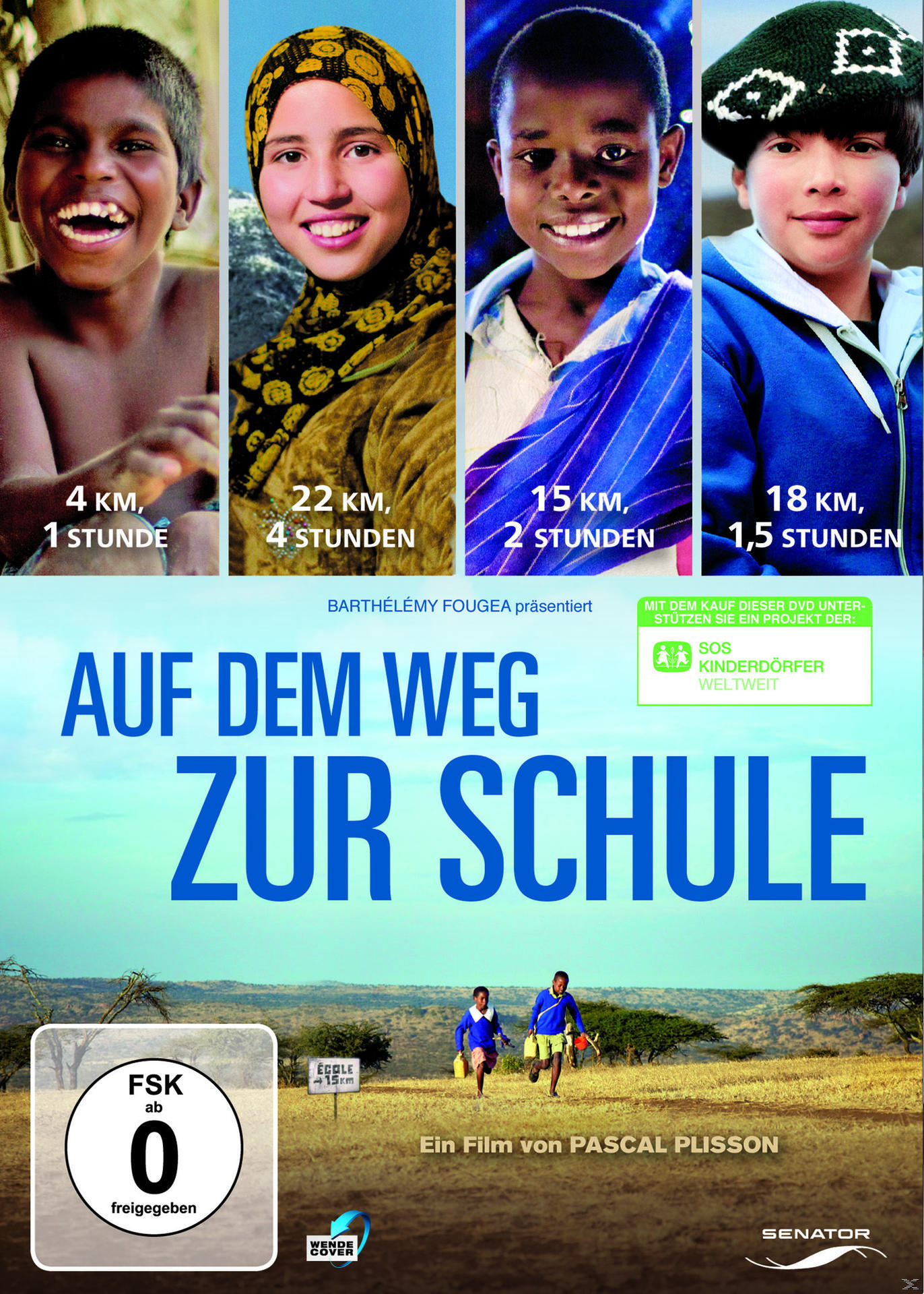 Kinder laufen. Text zeigt Entfernungen und Zeiten. Filmplakat 'Auf dem Weg zur Schule'.