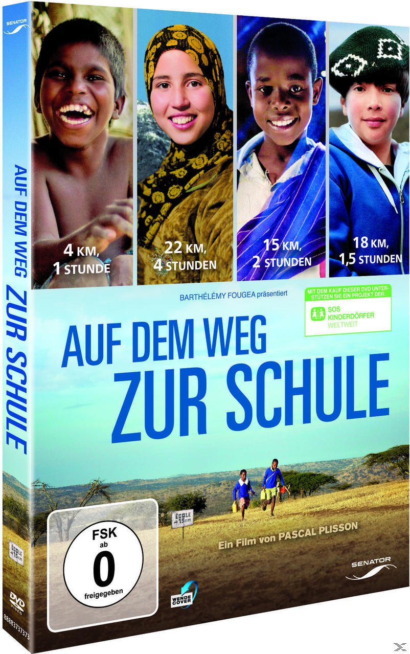 DVD-Cover für "Auf dem Weg zur Schule". Vier Kinder, Text und eine Landschaft.