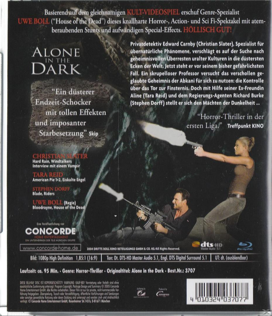 DVD-Cover mit zwei Personen, die Waffen halten. Text auf Deutsch. Der Titel 'Alone in the Dark' ist sichtbar.
