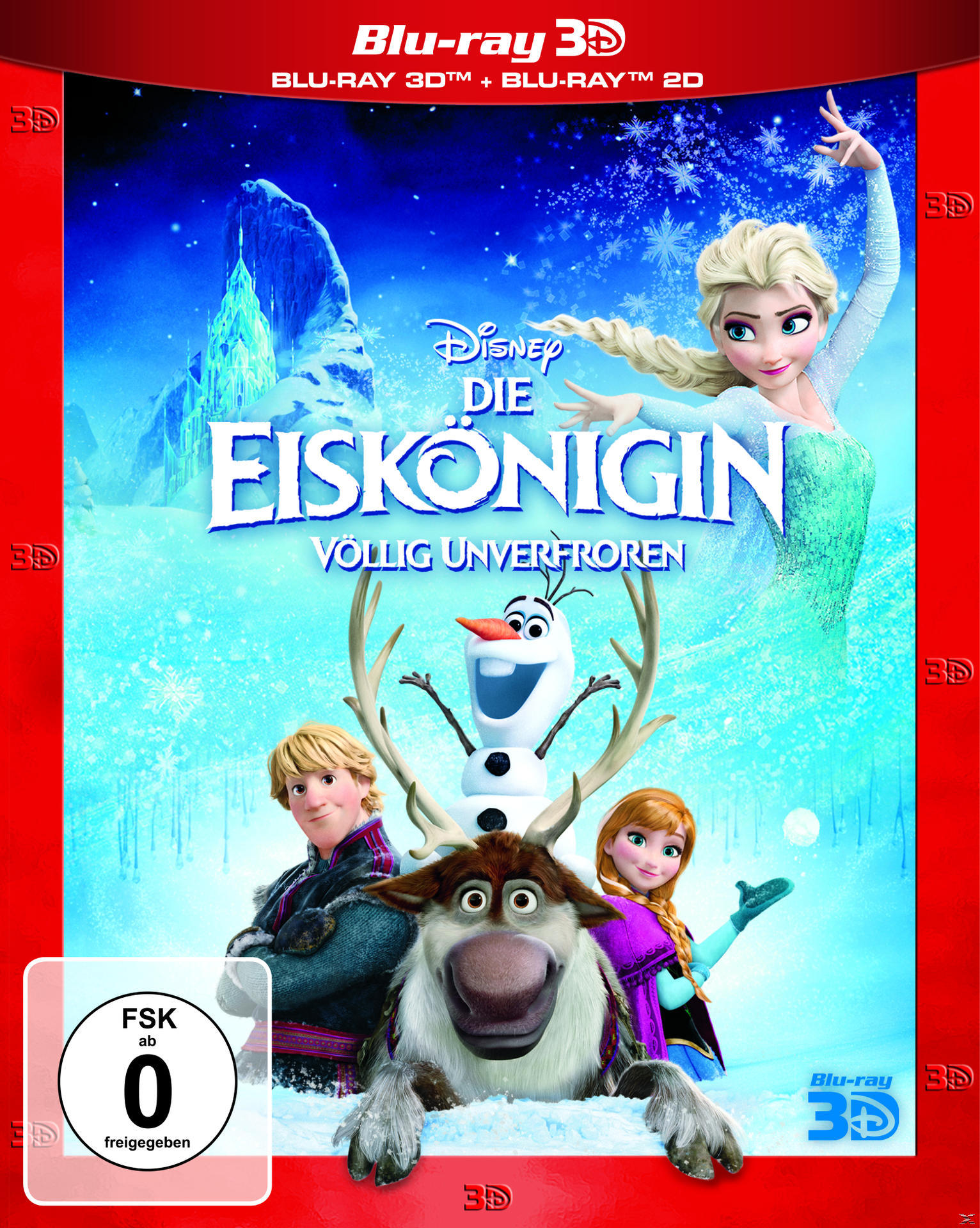 Frozen DVD-Cover. Elsa, Anna, Olaf, Kristoff und Sven im Schnee. Blu-ray 3D Logo.