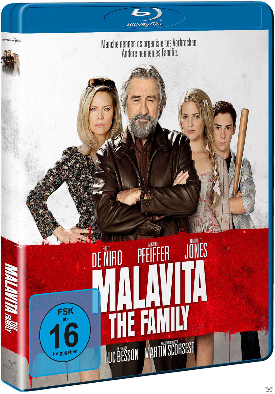 Blu-ray-Cover des Films „Malavita“. Mit De Niro, Pfeiffer und Jones.