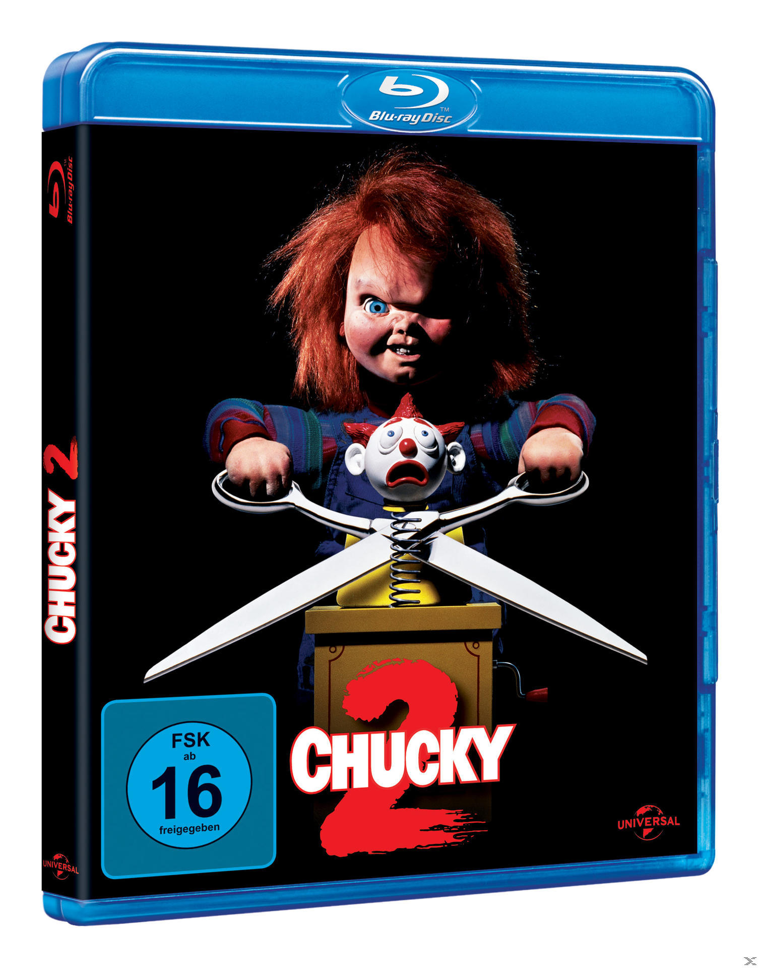 Blu-ray-Cover des Films Chucky 2, mit Chucky-Puppe, die eine Schere hält. Dunkler Hintergrund.
