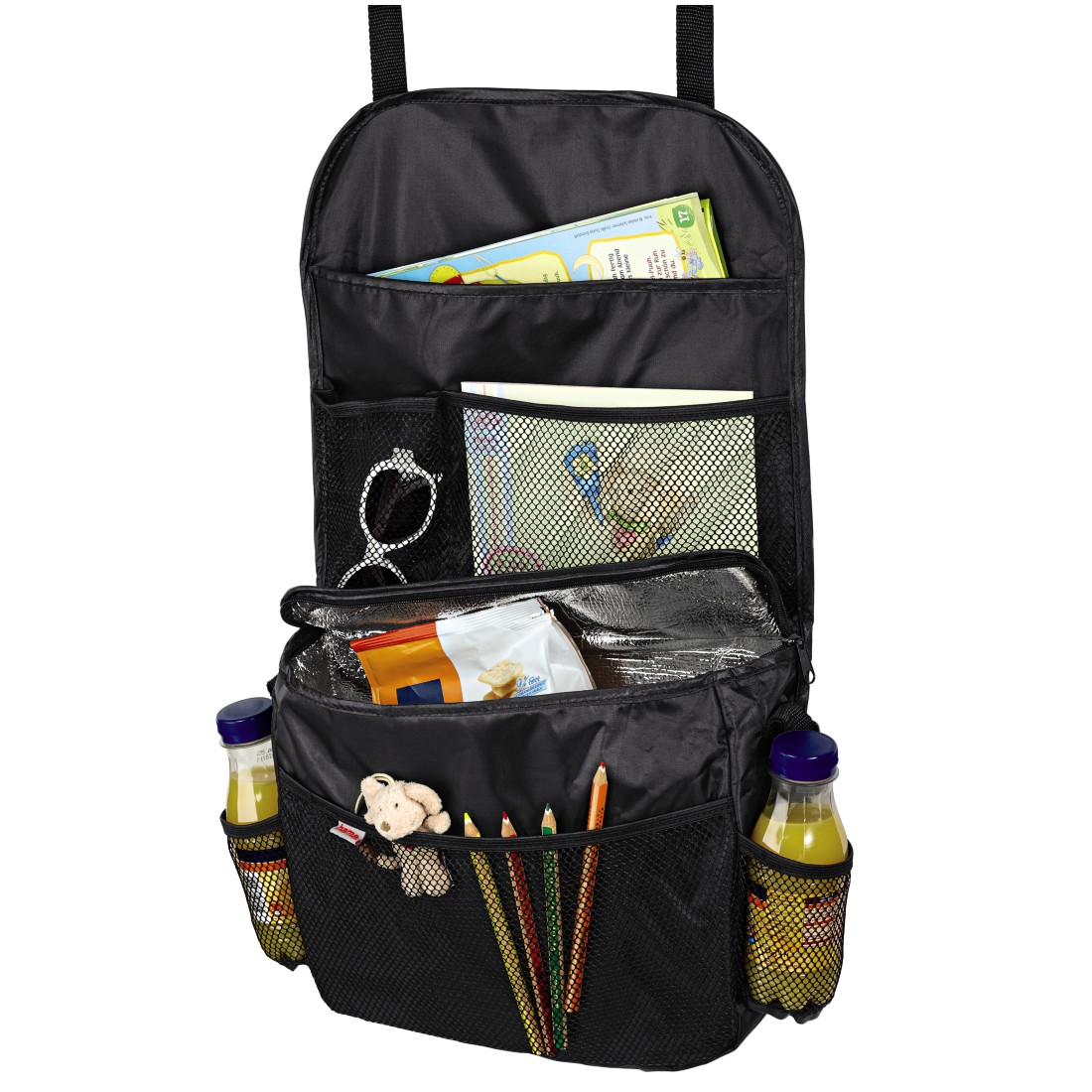 Schwarzer Auto-Rücksitztaschenorganizer mit gefüllten Taschen, Flaschen, Büchern und einem kleinen Plüschtier.