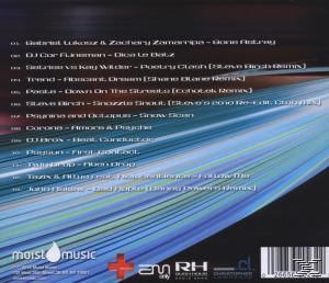 CD-Rückseite mit einer Liste der Titel und Künstlernamen, blauer und weißer Hintergrund.
