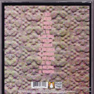 CD-Rückseite mit strukturiertem Hintergrund. Eine Liste der Songs ist in rosa Text vorhanden.