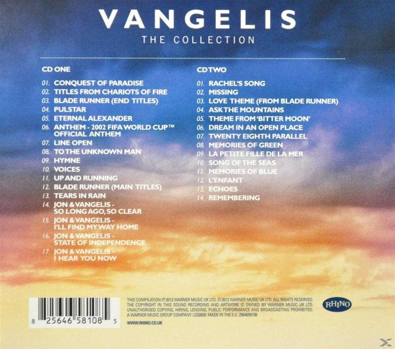 Rückseite eines CD-Covers mit Musiktiteln. Das Cover enthält den Text 'Vangelis The Collection'.