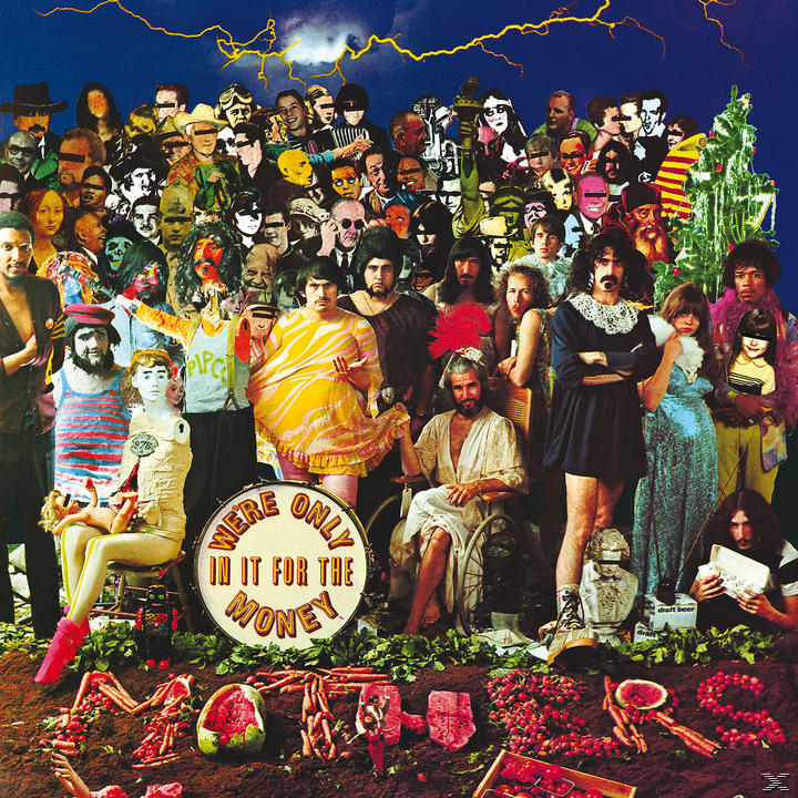 Albumhoes 'We're Only in It for the Money'. Veel mensen in vreemde kostuums, veel eten.