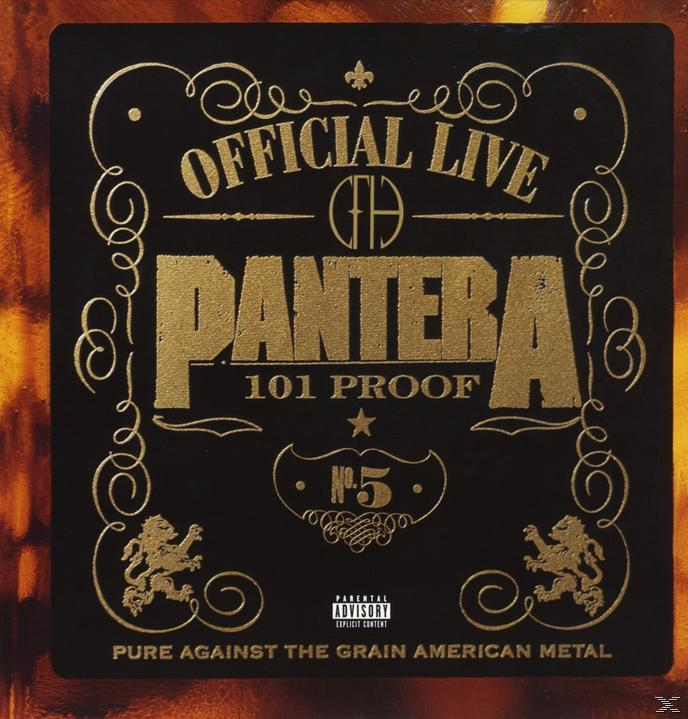 Albumcover. Text: Official Live Pantera, 101 Proof und ein Logo mit Stern und dekorativen Elementen.
